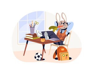 Lazy bunny student sits at the desk with legs on workplace. Anthropomorphic animal procrastinates, relaxes at the table instead doing homework, learning. Flat isolated vector illustration on white