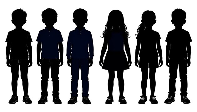Group of diverse children silhouettes standing together, representing childhood and youthfulness