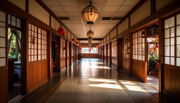 Serene Japanese Corridor: Lanterns, Light, and Traditional Architecture. - Powered by Adobe