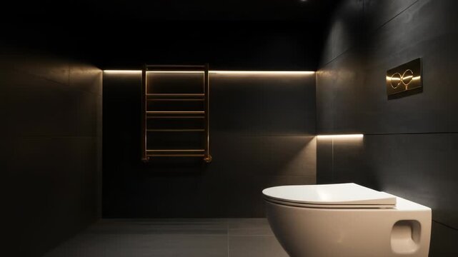 Dark, modern bathroom with gold heated towel rack, minimalist white toilet, and subtle backlighting