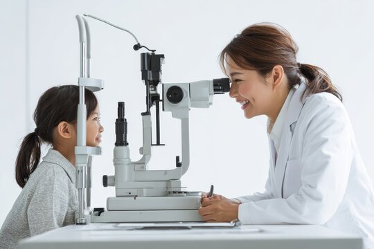 An Optometry Consultation Scene - An Asian Young Girl Patient Getting an Eye Exam with an Optometrist - Pediatric Vision Care.