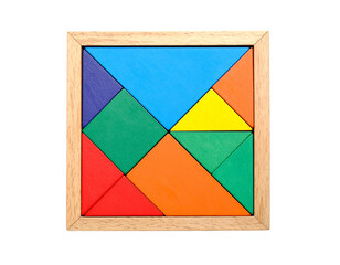 A colorful tangram puzzle, solved and arranged, isolated on a white background, for education and leisure.