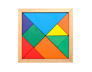 A colorful tangram puzzle, solved and arranged, isolated on a white background, for education and leisure.
