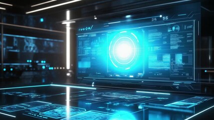 Futuristic control room displays a glowing blue digital interface, ready for technology presentations or data monitoring. - Powered by Adobe