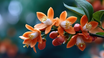 Fototapeta premium Vibrant orange blossoms bloom on a branch in a lush garden during the spring season