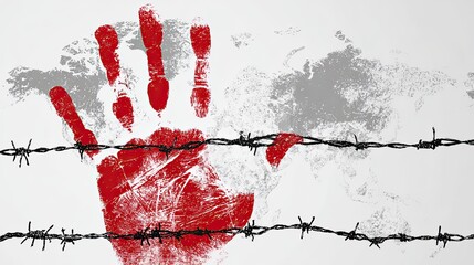 Vector illustration of red handprint over faded world map surrounded by barbed wire, symbolizing the International Day of Remembrance of Terrorism Victims, anti-terrorism poster concept