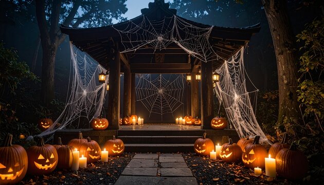 Spooky Halloween Scene: Lit Pumpkins, Cobwebs, and Pagoda in Forest.