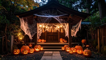 Spooky Halloween Shrine: Glowing Pumpkins, Cobwebs, and Festive Decorations.