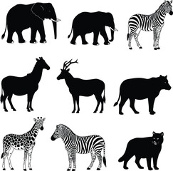 Naklejka premium Wild animal silhouettes: a vector collection of diverse mammal icons including horse, elephant, dog, giraffe, deer, cat, wolf, zebra, bear, lion, and cow