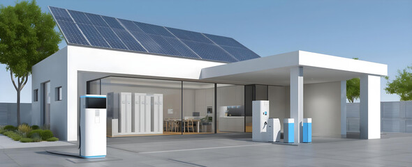 house with solar panels on the roof, a home charging station for electric vehicles
