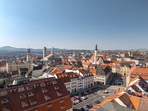 Skyline cityscape of Zittau, Saxony, Germany. Wide panoramic aerial morning view of the old town and Neustadt square
