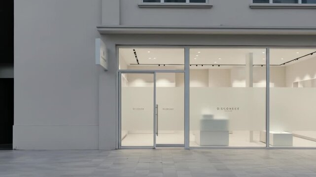 Minimalist storefront with frosted glass and clean, white architecture