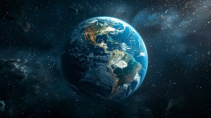 Obraz premium Earth view from space, showing North and South America, oceans, clouds and starry nebula background