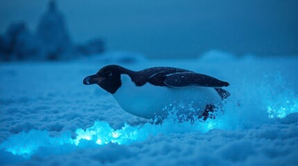 Penguin on Snow Illuminated by Blue Light