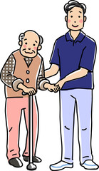 杖のシニアを支える男性介護士