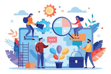Exploring innovative solutions through collaborative brainstorming and creative problem-solving in a vibrant, illustration of teamwork