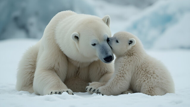 Mother polar bear nuzzling cub. Arctic wildlife moments. Ultra realistic polar bear imagery. Heartwarming animal behavior in nature.