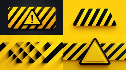 Set of four hazard/warning icons, yellow and black stripes, triangular exclamation point, varying layouts