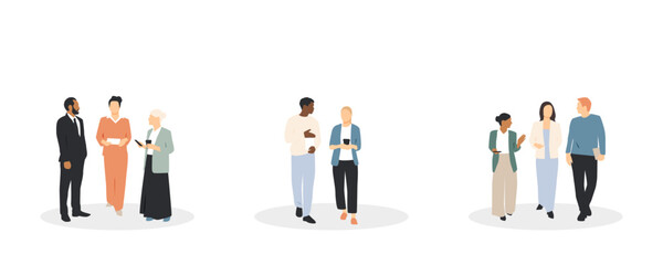 Collection of groups of people talking to each other. Communication concept.