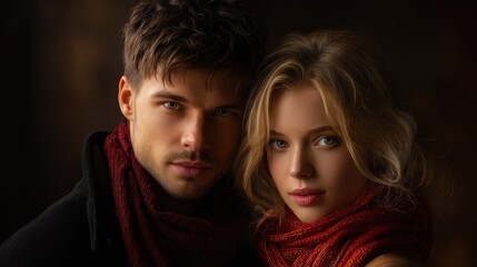 Couple in warm scarves share an intimate moment in soft lighting during autumn evening