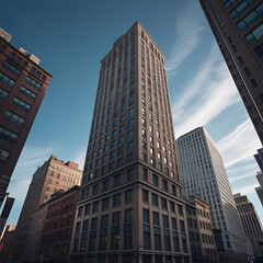 Obraz premium Magnificent Art style skyscraper photographed from dramatic low angle, featuring geometric patterns and classic urban architecture.