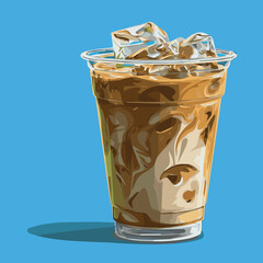 Vector illustration of ice coffee with ice in clear plastic cup