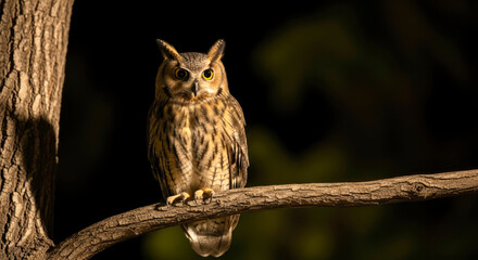 Obraz premium long-eared owl perched on branch at night