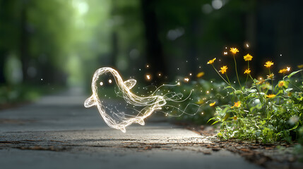 a sunny green park path with glowing neon line art of a playful ghost chasing fireflies childlike doodle style with floating glowing outlines and flowers