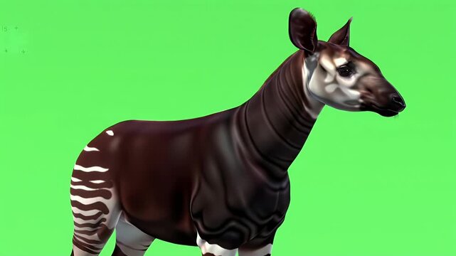 Majestic Okapi Isolated on Vibrant Green Background, Rare Forest Giraffe Species with Unique Stripes and Rich Brown Coat, Wildlife Mammal Studio Sh...
