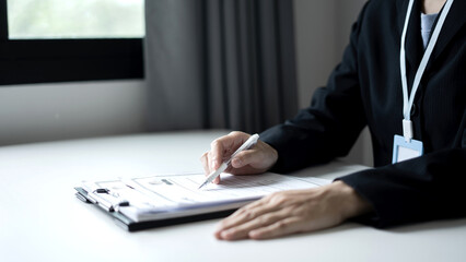 Business woman employer holding resume hiring recruit looking cv resume to hire candidates,...