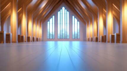 Serene A peaceful church interior with soft lighting, inviting a moment of quiet prayer.