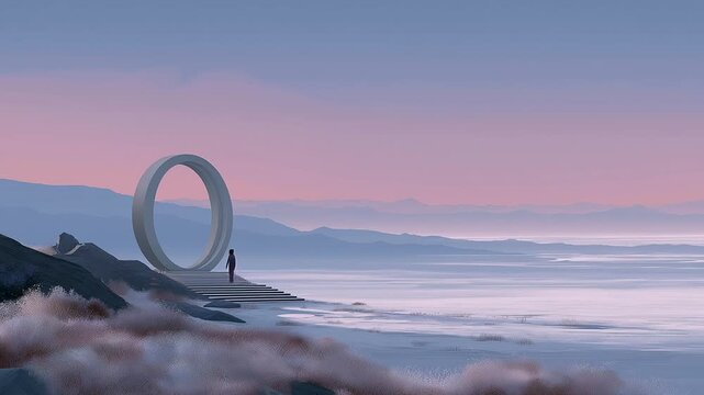 A solitary wanderer under a pink horizon reflecting on life