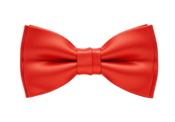 A vibrant red-orange silk bow tie with a classic knot, showcasing its lustrous texture, perfectly isolated on a transparent seamless background with shadowless studio lighting, commercial product