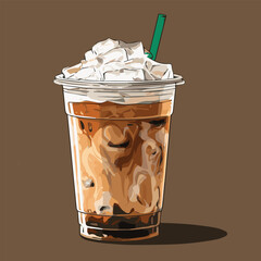Vector illustration of ice coffee with ice in clear plastic cup