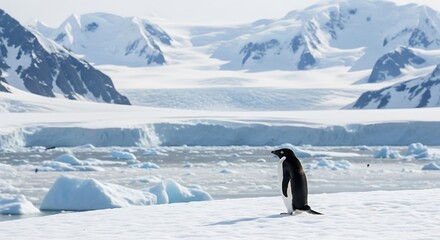 A penguin stands on a snowy landscape amidst glaciers and mountains.