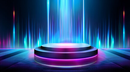 Empty podium stage with neon spotlight background