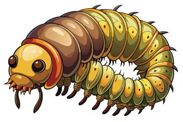 Colorful Cartoon Caterpillar with Brown and Green Segments and Prominent Eyes Posing Curled on a White Background