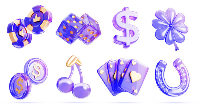 Glass holographic casino slot game icon. Render 3d set of gambling luck symbols. Neon poker chips, playing cards, dice, clover, cherry, horseshoe, coins and dollar sign for ui design. 3D illustration