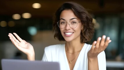 Smiling professional woman, glasses, sitting at desk, laptop, holding notebook, modern office interior, confident corporate vibe