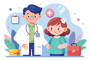 Healthcare interaction between a doctor and a young patient in a colorful medical setting discussing trauma recovery and rehabilitation