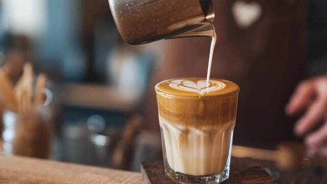 A barista is pouring milk into a cup of coffee, creating a heart shape on top. Concept of warmth and care, as the barista takes the time to create a visually appealing