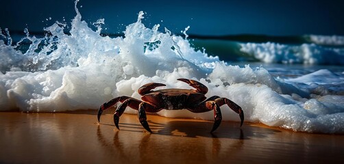 Silhouetted horseshoe crab amidst crashing ocean waves, double exposure effect, sea, marine