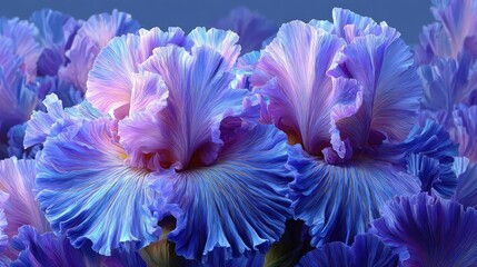 Iris cascade in minimal movement concept. Vibrant petals of blue and purple flowers blooming beautifully.