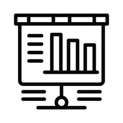 Black line icon of a presentation board displaying a bar graph with a decreasing trend