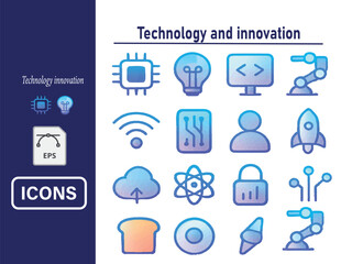 Technology and innovation icon set, modern gradient style, futuristic look, digital projects