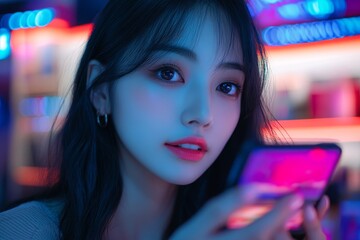 Asian female beauty influencer livestreaming a makeup tutorial via smartphone, showcasing cosmetics and engaging with her followers., Generative AI