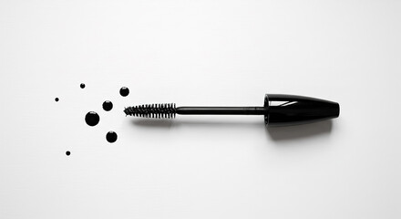 Black mascara wand with droplets arranged artistically on a clean white background