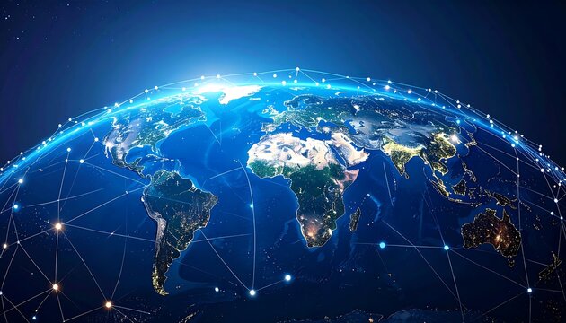 Interconnected world concept with glowing network lines wrapping the earth illustration