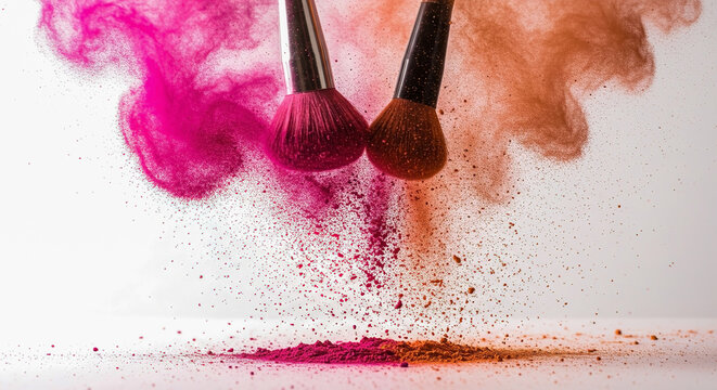 Colorful makeup brushes create vibrant powder clouds during a beauty application process in a studio setting