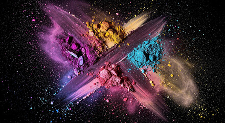 Naklejka premium Vibrant colored eyeshadows powder create intricate patterns on a dark surface in a creative composition
